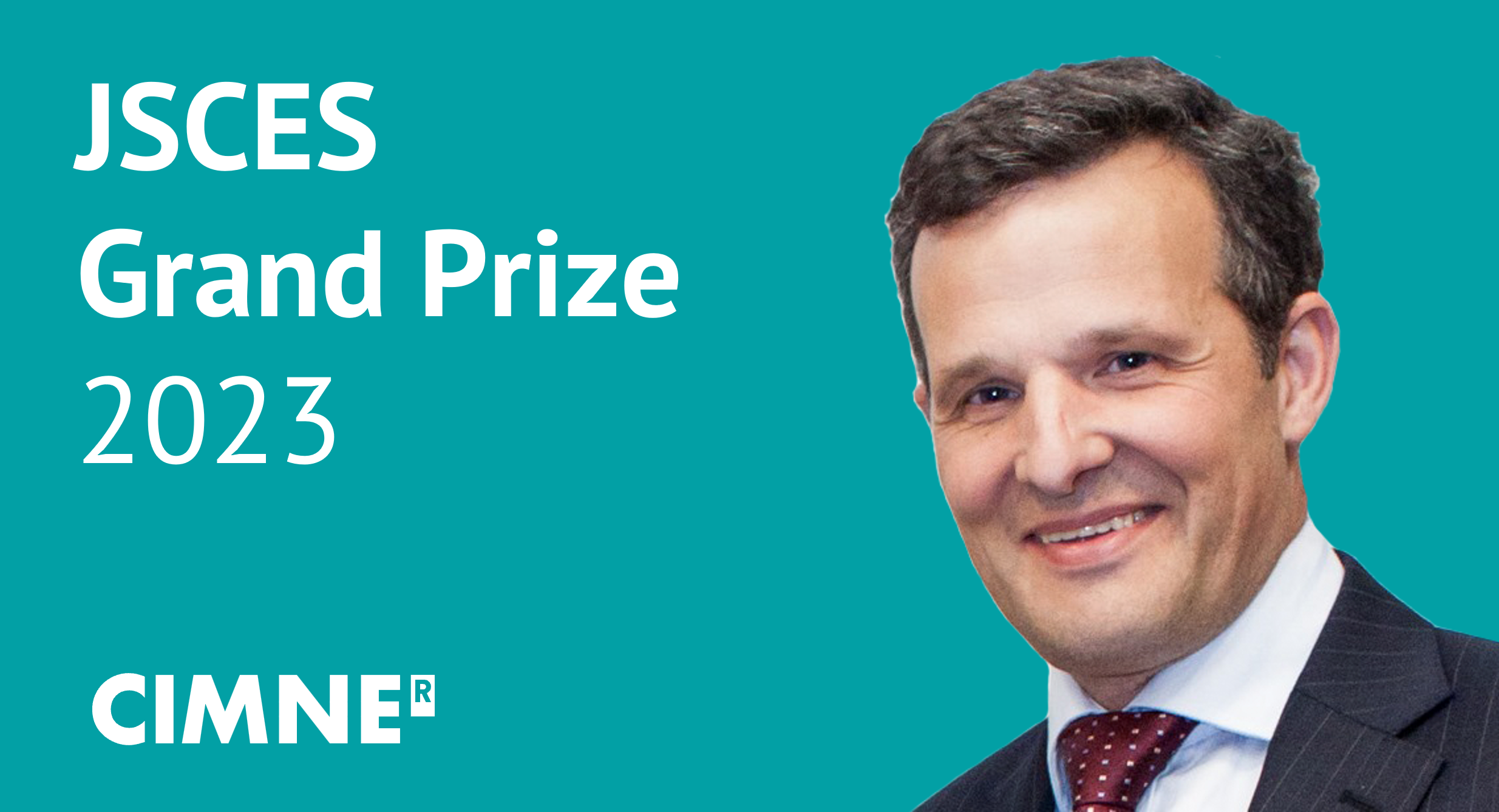 Banner celebrating Dr. Javier Bonet’s award of the JSCES Grand Prize 2023. The banner has a blue gradient background with the prize title in bold white letters at the top and ‘CIMNE’ at the bottom right. An individual, presumably Dr. Bonet, is depicted on the right side, dressed in a dark suit, white shirt, and red tie